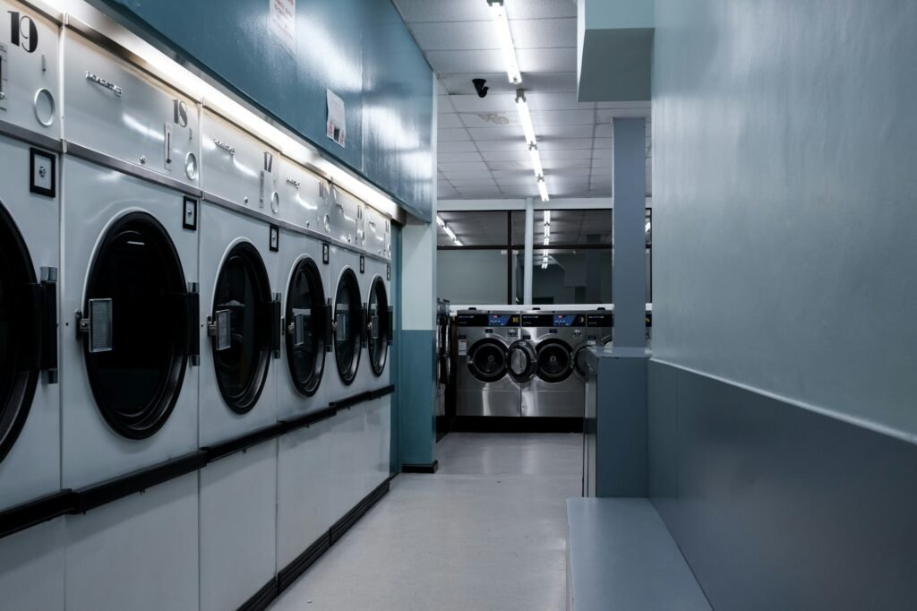 Close-up of a white front-load washing machine